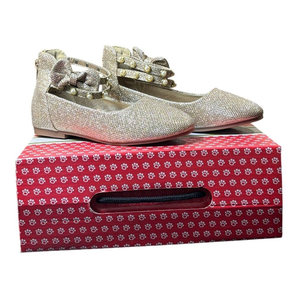 PandaNinjia Gold Glitter & Pearl Dress Shoes Ankle Strap Party Girls Sz 13